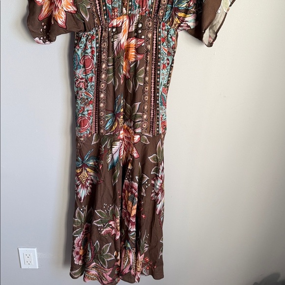FARM Rio Anthropologie Valentina Brown Floral V Neck Midi Maxi Dress Small - Picture 8 of 12